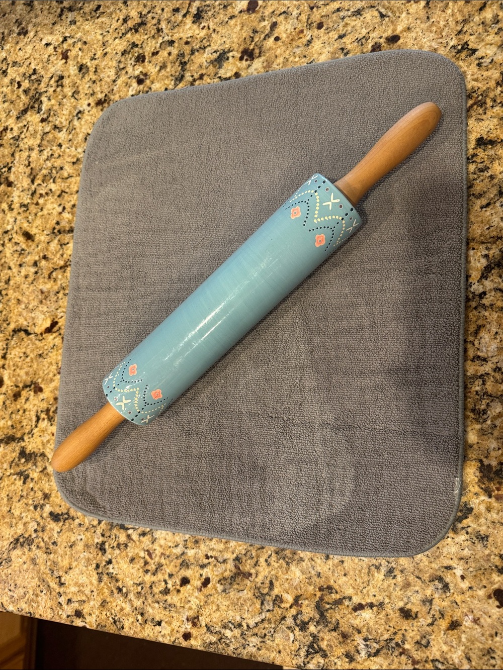 Hand-Painted Aqua ceramic Decorative Rolling Pin with Wooden Handles. 19”